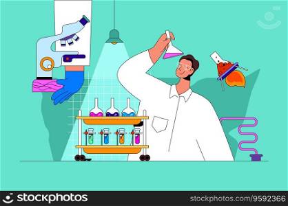 Science laboratory web concept with character scene. Scientist making chemical reaction in flasks and monitoring process. People situation in flat design. Vector illustration for marketing material.