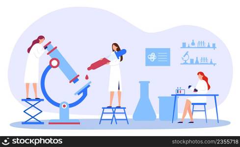 Science laboratory with scientists in uniform. Woman in rob doing research with microscope. Characters dropping blood, biologist doing experiment with test tubes vector illustration. Science laboratory with scientists in uniform. Woman in rob doing research with microscope. Characters dropping blood