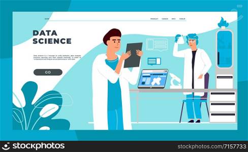 Science landing page. Cartoon scientists and doctors doing scientific research and experiments. Vector web page template professional research medicine chemical laboratory for student. Science landing page. Cartoon scientists and doctors doing scientific research and experiments. Vector web page template