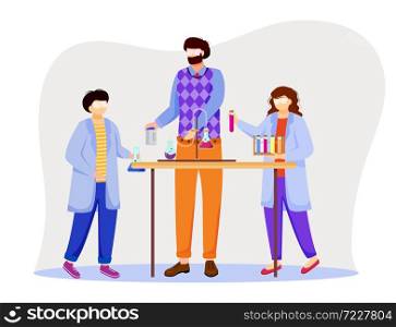 Science lesson flat vector illustration. Conducting experiment with test tubes, laboratory flasks. Children and chemistry teacher in lab coats isolated cartoon characters on white background. Science lesson flat vector illustration