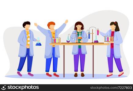 Science lesson flat vector illustration. Studying medicine, chemistry. Conducting experiment. Children in lab coats with test tubes, laboratory flasks isolated cartoon characters on white background. Science lesson flat vector illustration