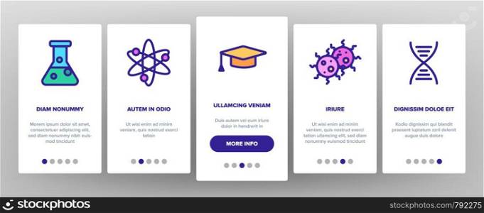 Science Line Icon Set Vector Onboarding Mobile App Page Screen. Analysis Graphic Silhouette. Science Laboratory Icons. Thin Outline Illustration. Science Line Icon Set Vector Onboarding