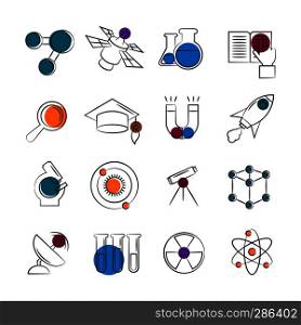 Science line icons collection with colorful details. Science flat elements. Vector illustration. Science line icons collection with colorful details