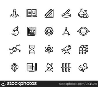 Science line icons. Laboratory equipment physics chemical biology research. University education, scientific vector symbols. Science line icons. Laboratory equipment physics chemical biology research. University education, scientific symbols