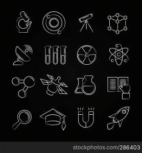 Science line icons set on chalkboard. School chemistry science, vector illustration. Science line icons set on chalkboard