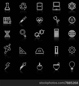 Science line icons with reflect on black background, stock vector