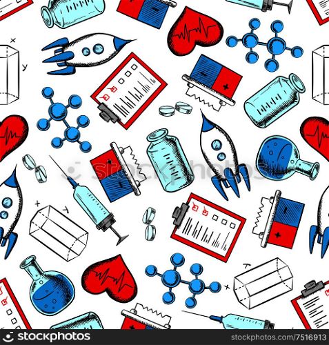 Science, medicine and laboratory research seamless pattern with pills, molecular models, syringes, hearts, laboratory flasks, geometric figures, rockets, batteries and clipboards. Use as background for medicine, chemistry, physics, mathematics, aeronautical and rocket engineering theme design. Science and laboratory research seamless pattern