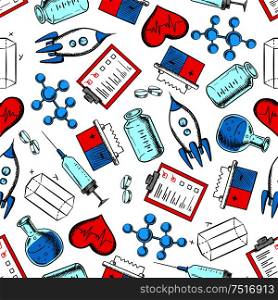 Science, medicine and laboratory research seamless pattern with pills, molecular models, syringes, hearts, laboratory flasks, geometric figures, rockets, batteries and clipboards. Use as background for medicine, chemistry, physics, mathematics, aeronautical and rocket engineering theme design. Science and laboratory research seamless pattern