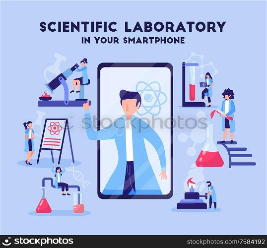 Science mobile applications flat composition with smartphone laboratory test apps microscope burner retort blue background vector illustration. Science Lab Smartphone App