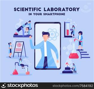 Science mobile applications flat composition with smartphone laboratory test apps microscope burner retort blue background vector illustration. Science Lab Smartphone App