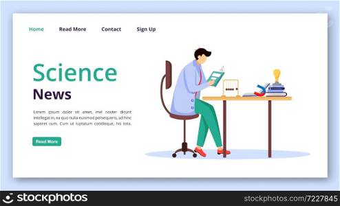 Science news landing page vector template. Reading researches website interface idea with flat illustrations. Physics discoveries homepage layout, web banner, webpage cartoon concept. Science news landing page vector template