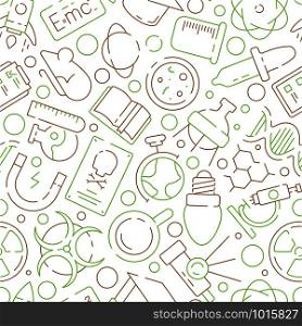 Science pattern. Physics or chemical experiment scientific industry lab equipment symbols vector seamless background. Education experiment physics and chemistry illustration. Science pattern. Physics or chemical experiment scientific industry lab equipment symbols vector seamless background