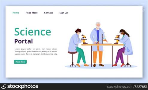 Science portal landing page vector template. Practical chemistry info website interface idea with flat illustrations. Modern learning technology homepage layout, web banner, webpage cartoon concept. Science portal landing page vector template