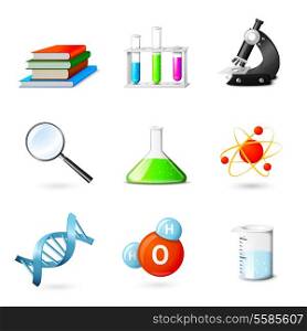 Science realistic icons set with books beakers microscope magnifier isolated vector illustration