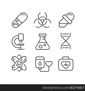 Science related pixel perfect linear icons set. Medicine and biology. Healthcare research. Medical tests. Customizable thin line symbols. Isolated vector outline illustrations. Editable stroke. Science related pixel perfect linear icons set