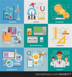 Science Research 9 Flat Icons Square. Exact science research 9 flat icons composition poster with chemistry physics astronomy symbols abstract isolated vector illustration