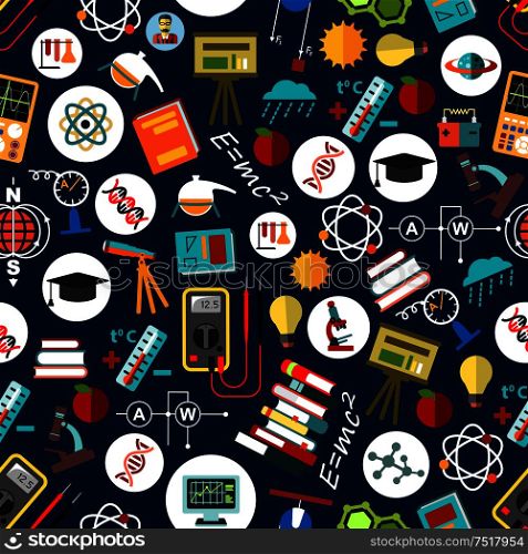 Science research and education background design with seamless pattern of microscopes and telescopes, books and computers, laboratory flasks and equipments, formulas and electric circuits, physics, chemistry and astronomy models. Seamless pattern of science, education background