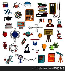Science research and education sketch symbols with books, computer, microscopes, scientist, laboratory flasks, electrical equipments and circuit, DNA, atom and molecule models, formulas, telescope, planets, battery, graduation cap and apple. Science colorful sketches for education design