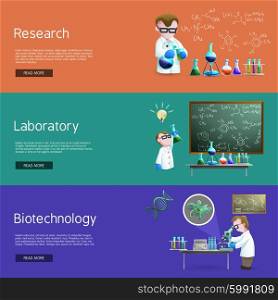 Science Research Banners. Science horizontal banners with assistants making biochemistry research vector illustration