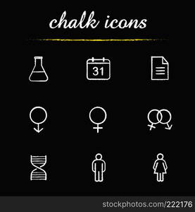 Science research chalk icons set. WC door signs. Lab flask, calendar, test paper, interlocked male and female signs, man and woman, dna chain model. Isolated vector chalkboard illustrations. Science research chalk icons set