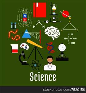 Science research flat icons created a round badge with microscope, atom, DNA, molecule, book, scientist, laboratory flask, chemical formula, telescope, planet, brain cell and magnet field. Science research icons round badge, flat style