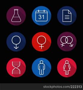 Science research icons. Flat linear long shadow symbols. Lab flask, calendar, test paper, interlocked male and female signs, man and woman, dna chain model. Vector line illustration. Science research icons