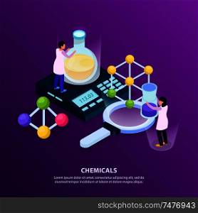 Science research isometric glow bacjground with people characters holding various objects tubes and scales with text vector illustration