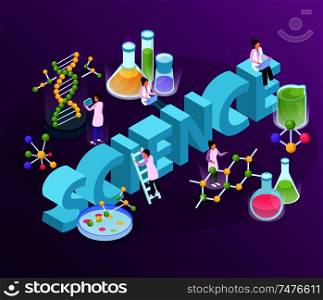 Science research isometric glow composition with big 3d text images of complex molecules and human characters vector illustration