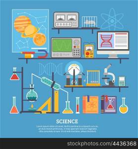 Science Research Laboratory Flat Banner . Biochemistry scientific research laboratory flat poster with microscope chemical reaction tests and control mouse vector illustration