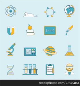 Science research scholarship and study symbols and devices flat lined color icon set isolated vector illustration. Science And Study Icon Set