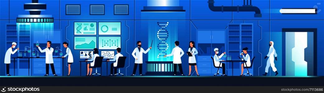 Science researching lab. Biotechnology genetic research, modification dna molecular tests. Genetic engineer scientists. Vector working laboratory doctors equipments testing medical researcher concept. Science researching lab. Biotechnology genetic research, modification dna molecular tests. Genetic engineer scientists. Vector concept