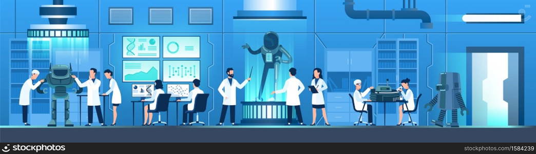 Science researching lab. People in white uniform create robot, researchers work on computers, doing modification tests, doctor and engineer scientist in laboratory, vector flat horizontal illustration. Science researching lab. People in white uniform create robot, researchers work on computers, doing modification tests, doctor and engineer scientist in laboratory vector flat illustration