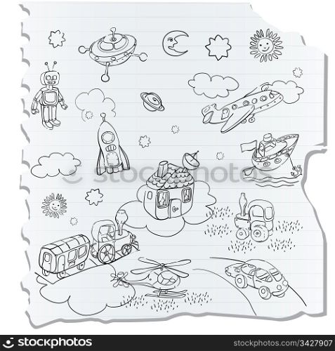 science retro 3D toys doodle on a a notebook page, childlike drawing style