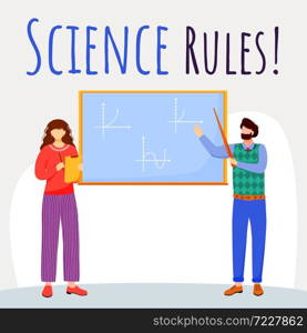 Science rules social media post mockup. Math lesson. Professor and student. Advertising web banner design template. Social media booster. Promotion poster, print ads with flat illustrations. Science rules social media post mockup