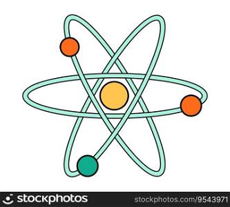 Science school atom education icon. Chemistry and physics laboratory cartoon symbol of nuclear energy. Bold bright atomic structure - nucleus, orbital electrons. Vector illustration isolated on white. Science school atom education icon. Chemistry and physics laboratory cartoon symbol of nuclear energy. Bold bright atomic structure - nucleus, orbital electrons. Vector illustration isolated on white.