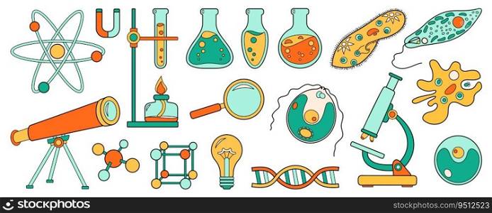 Science school set or education icons. Chemistry and biology laboratory cartoon collection. Bold bright microscope, molecule atom, telescope, test tube, amoeba. Vector illustration isolated on white. Science school set or education icons. Chemistry and biology laboratory cartoon collection. Bold bright microscope, molecule atom, telescope, test tube, amoeba. Vector illustration isolated on white.
