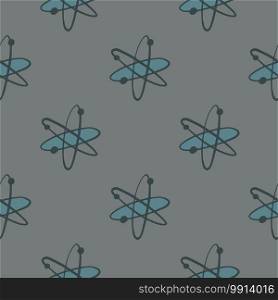 Science seamless pattern with doodle molecule ornament. Black and blue colored atoms on grey background. Decorative backdrop for fabric design, textile print, wrapping, cover. Vector illustration.. Science seamless pattern with doodle molecule ornament. Black and blue colored atoms on grey background.