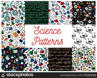 Science seamless patterns. Vector pattern of atom, formula, microscope, telescope, dna, chemicals, substance, gene molecule globe proton magnet calculator heart syringe. Science seamless patterns