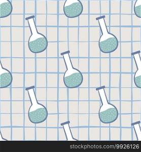 Science seamless study pattern with simple hand drawn flasks. Chequered pastel background. Great for fabric design, textile print, wrapping, cover. Vector illustration.. Science seamless study pattern with simple hand drawn flasks. Chequered pastel background.