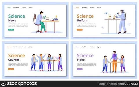 Science services landing page vector template set. Modern learning technology website interface idea with flat illustrations. Courses and videos homepage layout, web banner, webpage cartoon concept. Science services landing page vector template set