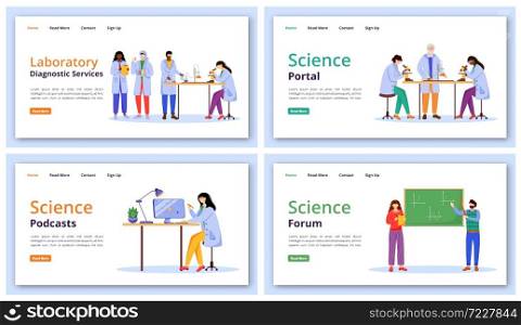 Science services landing page vector template set. Modern learning technology website interface idea with flat illustrations. Forums and portals homepage layout, web banner, webpage cartoon concept. Science services landing page vector template set