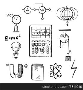 Science sketch icons set with symbols of physics such as magnet, electric power, atom model, Earth magnetic field, book, formulas, schemes and tools. For education or scientific concept design. Physics and mechanics sketch icons