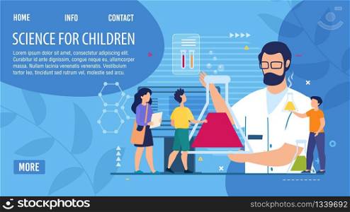 Science Startup, Educational Game for Children Web Banner, Landing Page. Scientist Making Chemical Laboratory Test, Mixing Chemicals, Doing Science Research for Kids Trendy Flat Vector Illustration