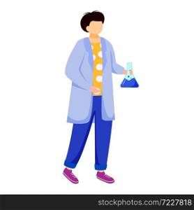 Science student in lab coat flat vector illustration. Boy studies medicine, chemistry. Practical lessons in university. Man with laboratory flask isolated cartoon character on white background. Science student in lab coat flat vector illustration