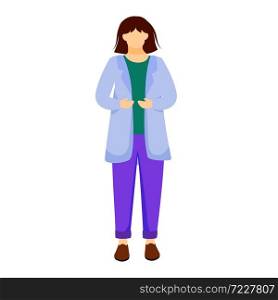 Science student in lab coat flat vector illustration. Girl studies medicine. Practical lessons in university. Female scientist, chemist isolated cartoon character on white background. Science student in lab coat flat vector illustration