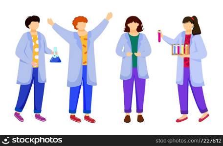 Science students in lab coats flat vector illustration. Studying medicine, chemistry. Conducting experiment. Children with test tubes, laboratory flask isolated cartoon characters on white background. Science students in lab coats flat vector illustration