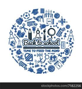 Science symbols in circle shape. Various cartoon background with pictures of school. Vector science education time, scissors and dna, pencil and textbook illustration. Science symbols in circle shape. Various cartoon background with pictures of school