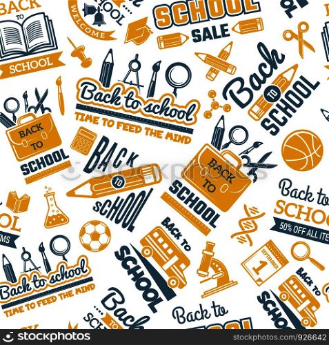 Science symbols pattern. Seamless background with pictures of school. School pattern seamless, education learning, vector illustration. Science symbols pattern. Seamless background with pictures of school