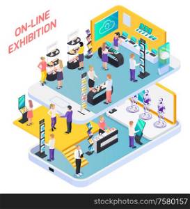 Science technology engineering innovation online exhibition display stands visitors promoters isometric composition on smartphone screen vector illustration