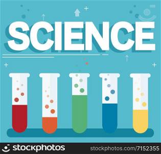 science text and colorful laboratory filled with a clear liquid and blue background